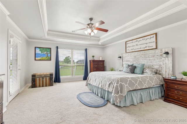 13100 S 4080th Rd, Oologah, OK 74053 - carpeted bedroom featuring crown molding, a tray ceiling, access to exterior, and a ceiling fan