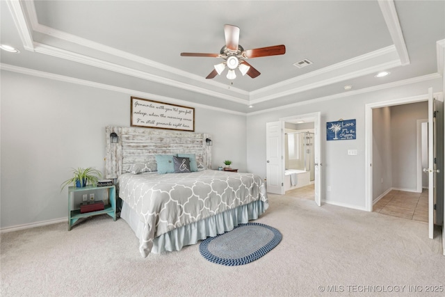 13100 S 4080th Rd, Oologah, OK 74053 - bedroom with a tray ceiling, light carpet, crown molding, recessed lighting, and baseboards