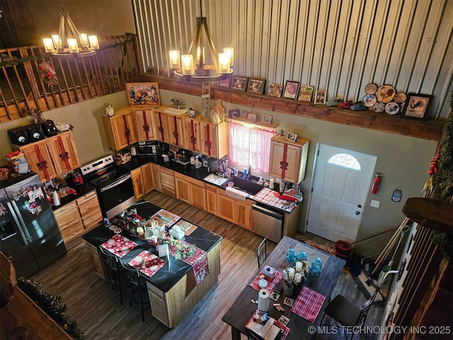 3226 Lark Rd, Kingston, OK 73439 - kitchen with a chandelier, appliances with stainless steel finishes, light wood finished floors, and a towering ceiling