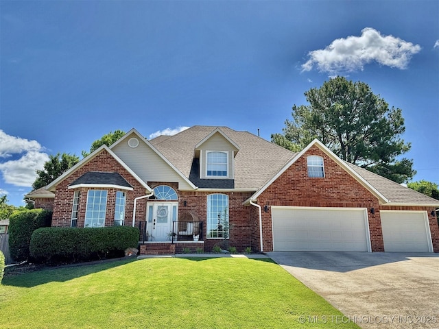 103 S Harrison Ave, Tahlequah, OK 74464 - traditional home featuring driveway, a front yard, a garage, brick siding, and roof with shingles