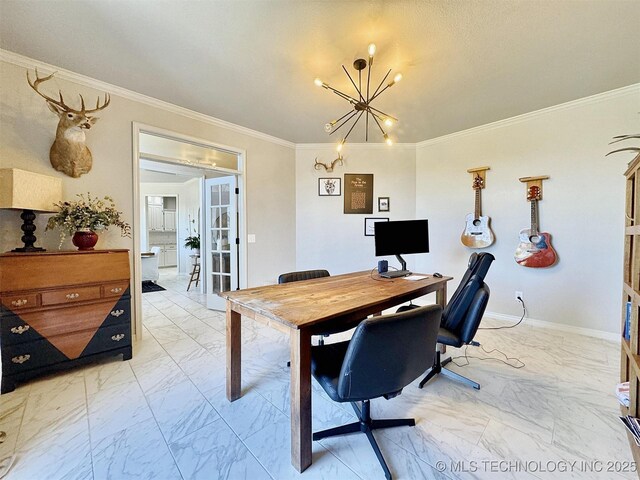 103 S Harrison Ave, Tahlequah, OK 74464 - office area with light marble finish floors, a chandelier, ornamental molding, and baseboards