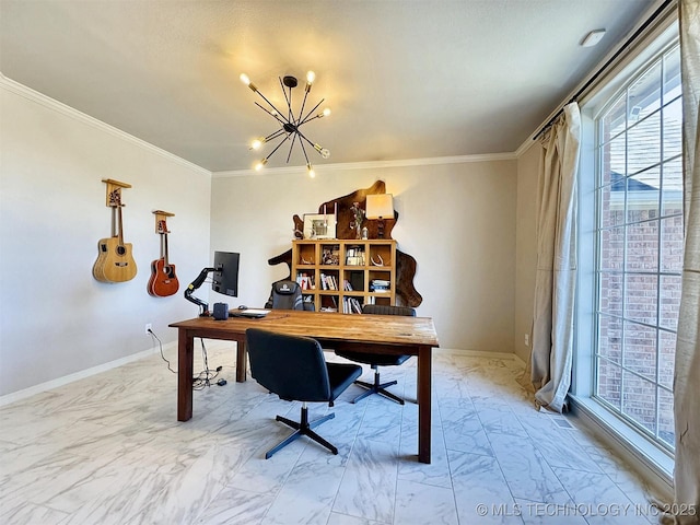 103 S Harrison Ave, Tahlequah, OK 74464 - office featuring light marble finish flooring, plenty of natural light, a chandelier, ornamental molding, and baseboards