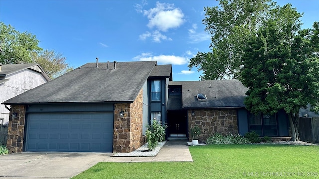 3409 W Richmond St, Broken Arrow, OK 74012 - view of front facade with stone siding, a shingled roof, concrete driveway, and a garage