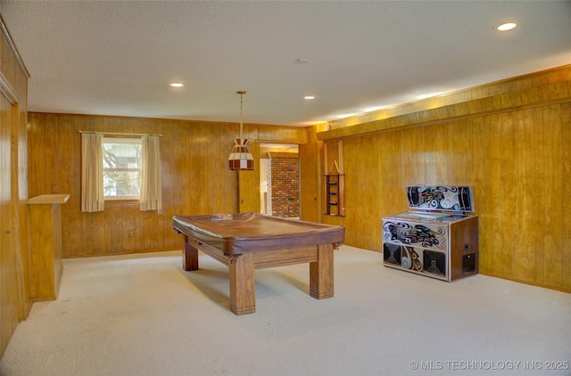 6788 E 66th Pl, Tulsa, OK 74133 - playroom featuring wood walls, light carpet, billiards, and recessed lighting