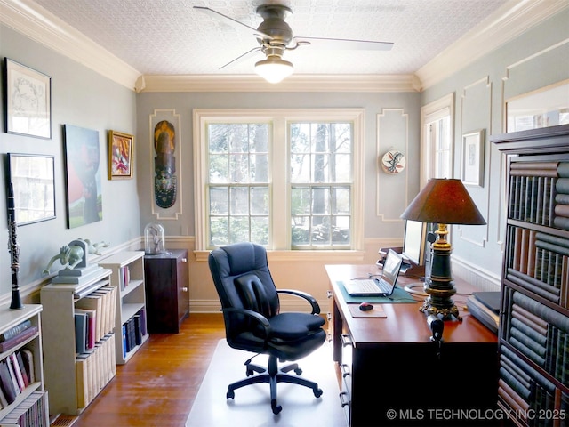 640 W 14th St, Tulsa, OK 74127 - office area with wood finished floors, ceiling fan, ornamental molding, and wainscoting