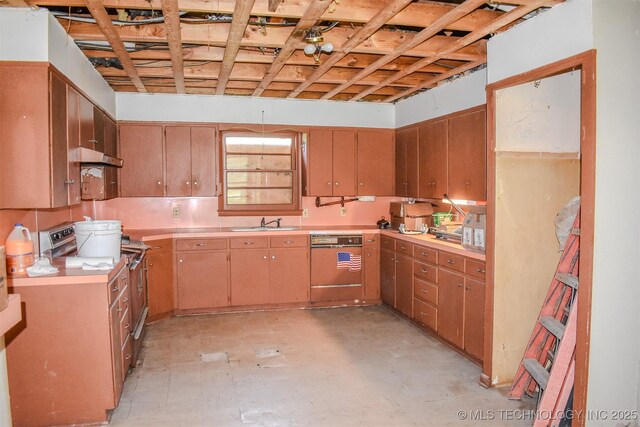 1108 E E Blf, Hugo, OK 74743 - kitchen featuring dishwashing machine, electric range, light countertops, under cabinet range hood, and concrete floors