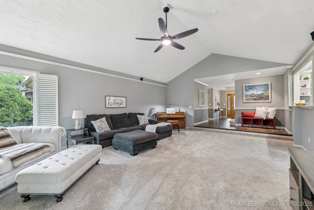 1209 Sherwood Ln, Broken Arrow, OK 74011 - living area featuring a ceiling fan, vaulted ceiling, and baseboards