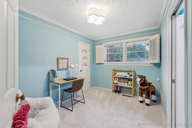 1209 Sherwood Ln, Broken Arrow, OK 74011 - office space with carpet floors, baseboards, a textured ceiling, and crown molding
