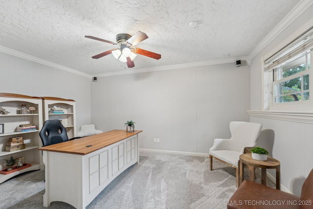 1209 Sherwood Ln, Broken Arrow, OK 74011 - home office featuring ceiling fan, light carpet, ornamental molding, and a textured ceiling