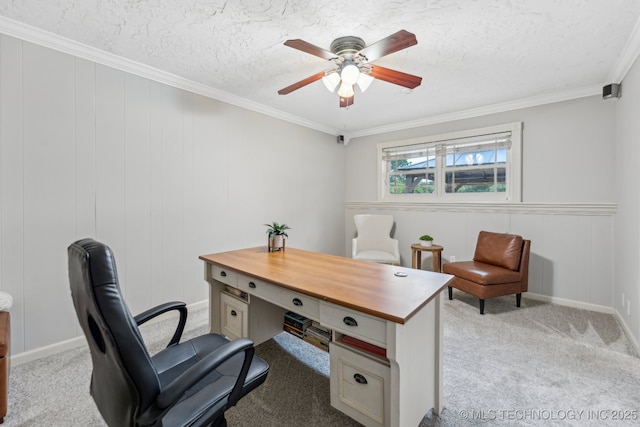 1209 Sherwood Ln, Broken Arrow, OK 74011 - office space featuring ceiling fan, light colored carpet, crown molding, a textured ceiling, and baseboards