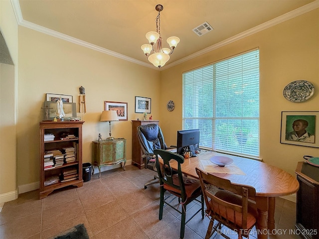 1318 Emily Ln, Ada, OK 74820 - office with ornamental molding, a chandelier, baseboards, and tile patterned flooring