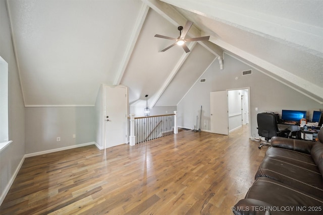 11033 E 66th St, Tulsa, OK 74133 - additional living space with wood finished floors, a ceiling fan, a desk, and baseboards