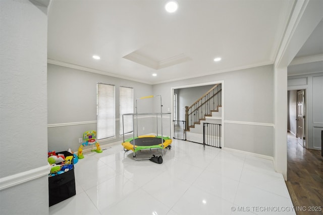 11033 E 66th St, Tulsa, OK 74133 - rec room with ornamental molding, recessed lighting, tile patterned floors, and baseboards
