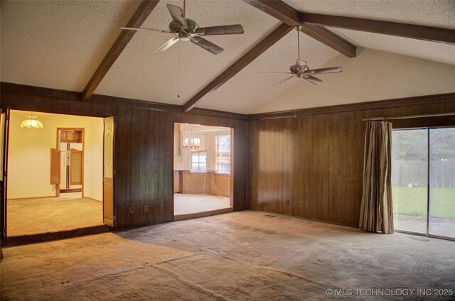 4004 S Hickory Ave, Broken Arrow, OK 74011 - carpeted spare room with wooden walls, a textured ceiling, and a ceiling fan