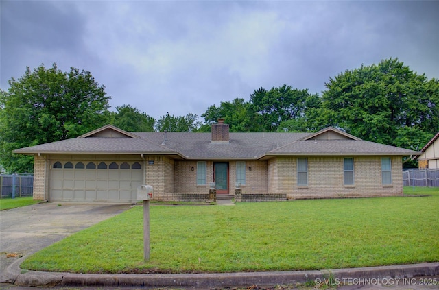 4004 S Hickory Ave, Broken Arrow, OK 74011 - ranch-style home with an attached garage, concrete driveway, brick siding, a chimney, and a shingled roof