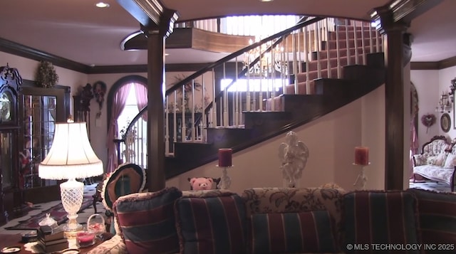 66235 S 320th Rd, Chouteau, OK 74337 - stairs with crown molding, ornate columns, and healthy amount of natural light