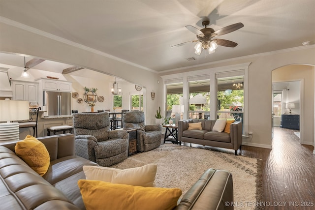 3117 S Hemlock Ct, Broken Arrow, OK 74012 - living room with arched walkways, wood finished floors, a ceiling fan, crown molding, and baseboards