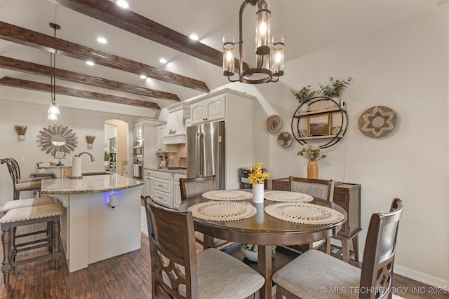 3117 S Hemlock Ct, Broken Arrow, OK 74012 - dining area with arched walkways, beam ceiling, dark wood-style floors, recessed lighting, and a chandelier