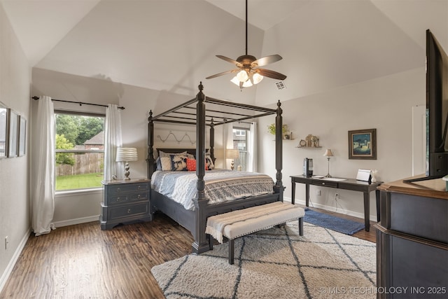 3117 S Hemlock Ct, Broken Arrow, OK 74012 - bedroom featuring wood finished floors, baseboards, high vaulted ceiling, and ceiling fan