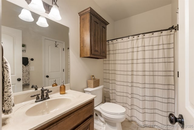 3117 S Hemlock Ct, Broken Arrow, OK 74012 - bathroom with toilet, vanity, a shower with curtain, and tile patterned floors