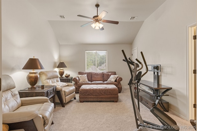 3117 S Hemlock Ct, Broken Arrow, OK 74012 - living room featuring vaulted ceiling, a ceiling fan, light colored carpet, and baseboards
