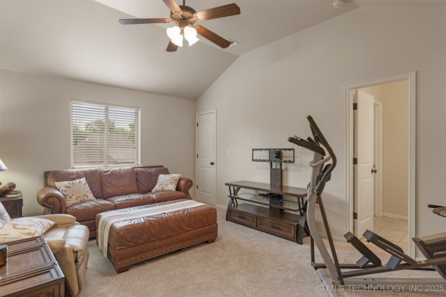3117 S Hemlock Ct, Broken Arrow, OK 74012 - living area featuring vaulted ceiling, a ceiling fan, and light carpet