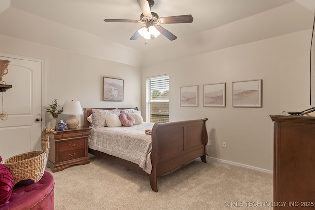 3117 S Hemlock Ct, Broken Arrow, OK 74012 - bedroom with light carpet, baseboards, ceiling fan, and lofted ceiling