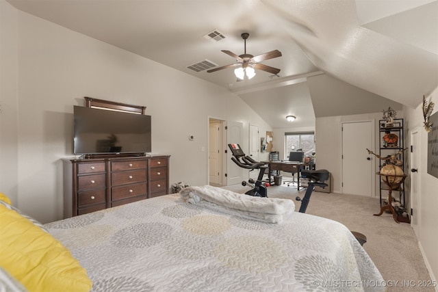 3117 S Hemlock Ct, Broken Arrow, OK 74012 - bedroom with carpet, lofted ceiling, and ceiling fan
