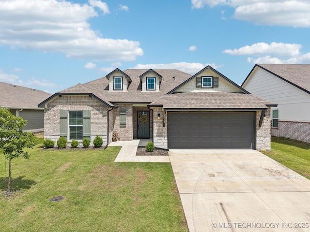 12503 N 130th Ave E, Collinsville, OK 74021 - view of front of property with a garage, driveway, a front lawn, a shingled roof, and brick siding