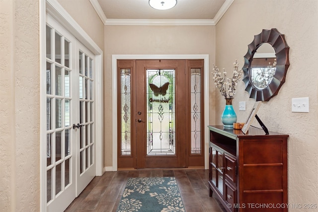 23532 N 5 Mile Rd, Fort Gibson, OK 74434 - foyer featuring dark wood-style flooring, a textured wall, ornamental molding, and baseboards