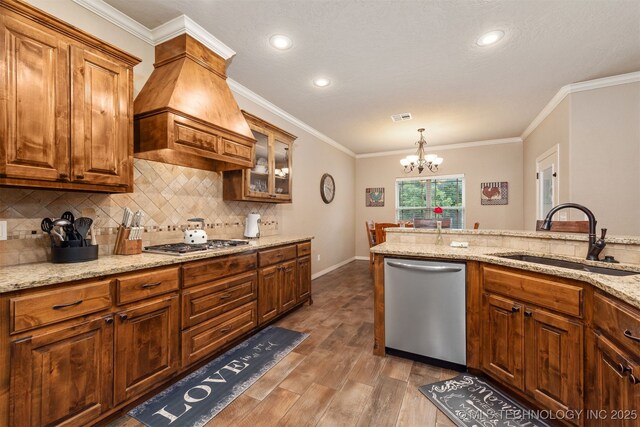 23532 N 5 Mile Rd, Fort Gibson, OK 74434 - kitchen with stainless steel appliances, a sink, custom range hood, wood finished floors, and decorative backsplash