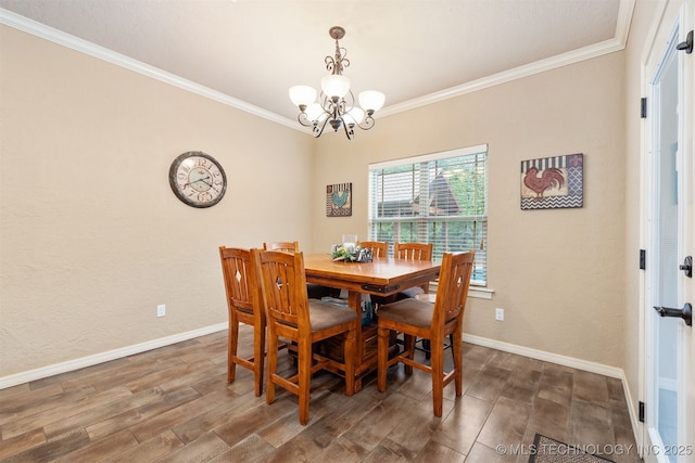 23532 N 5 Mile Rd, Fort Gibson, OK 74434 - dining area with ornamental molding, a chandelier, baseboards, and wood finished floors