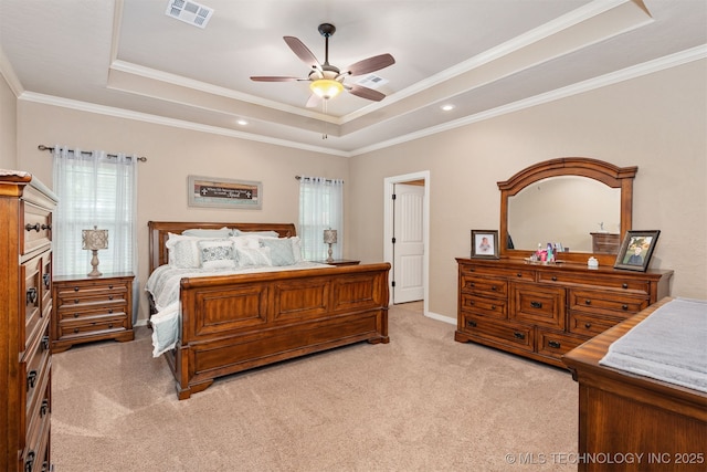 23532 N 5 Mile Rd, Fort Gibson, OK 74434 - bedroom featuring a raised ceiling, light colored carpet, crown molding, a ceiling fan, and baseboards