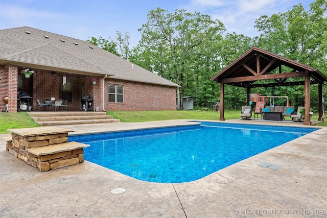 23532 N 5 Mile Rd, Fort Gibson, OK 74434 - swimming pool with a gazebo, an outdoor hangout area, a patio area, a lawn, and an outdoor structure