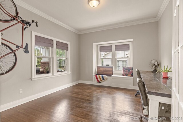 2305 E 13th St, Tulsa, OK 74104 - home office with healthy amount of natural light, dark wood-style flooring, crown molding, and baseboards