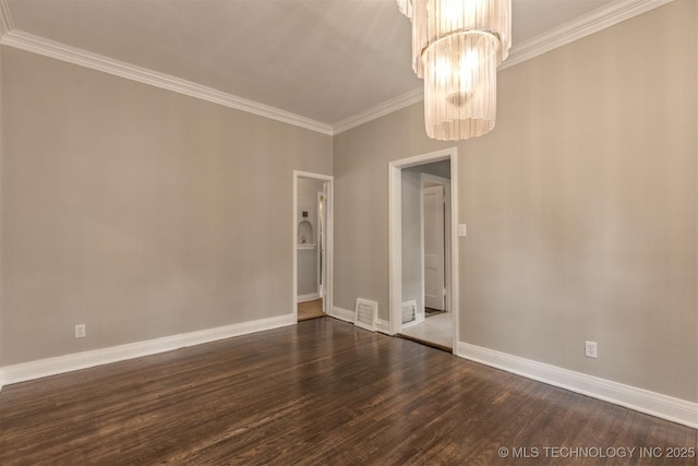 2305 E 13th St, Tulsa, OK 74104 - spare room with a chandelier, dark wood-style flooring, crown molding, and baseboards