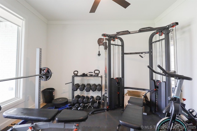 13657 S 21st Ct E, Bixby, OK 74008 - exercise area featuring crown molding, a ceiling fan, and baseboards