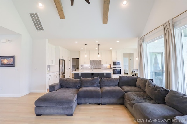 13657 S 21st Ct E, Bixby, OK 74008 - living area featuring light wood finished floors, high vaulted ceiling, recessed lighting, beam ceiling, and baseboards