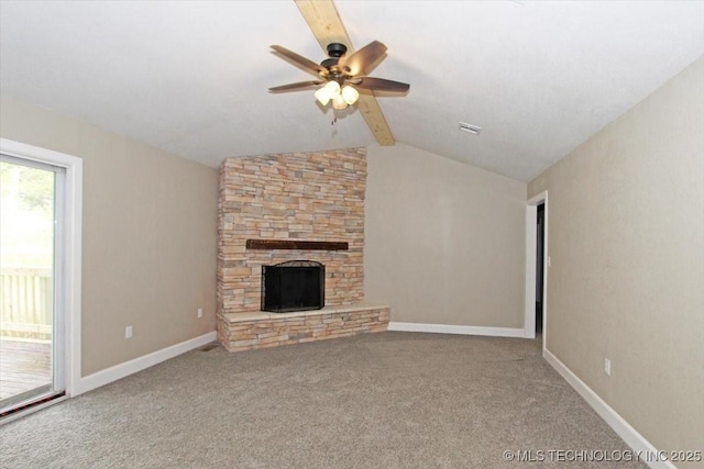 2005 Holly Rd, Claremore, OK 74017 - unfurnished living room with a ceiling fan, a fireplace, carpet, and baseboards