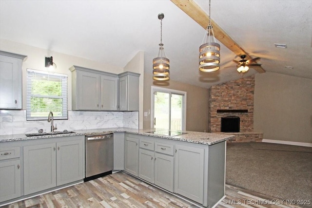 2005 Holly Rd, Claremore, OK 74017 - kitchen with dishwasher, gray cabinetry, a sink, open floor plan, and a ceiling fan