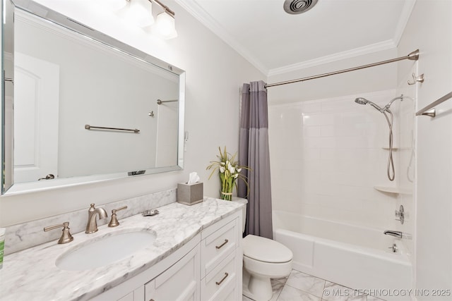 5206 S Harvard Ave Unit 308, Tulsa, OK 74135 - full bathroom with toilet, vanity, shower / bath combo with shower curtain, crown molding, and marble look tiles