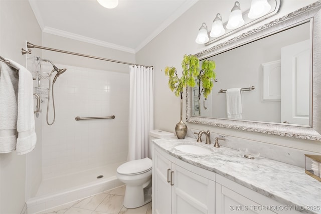 5206 S Harvard Ave Unit 308, Tulsa, OK 74135 - bathroom with ornamental molding, vanity, a tile shower, and toilet