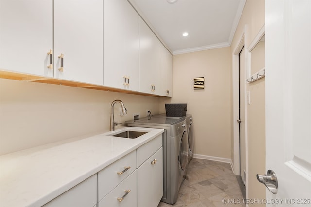 5206 S Harvard Ave Unit 308, Tulsa, OK 74135 - laundry area featuring cabinet space, washing machine and clothes dryer, ornamental molding, recessed lighting, and baseboards