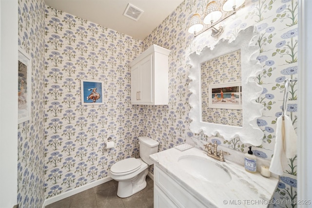 5918 E 127th Pl S, Tulsa, OK 74008 - half bathroom with wallpapered walls, vanity, toilet, tile patterned floors, and baseboards