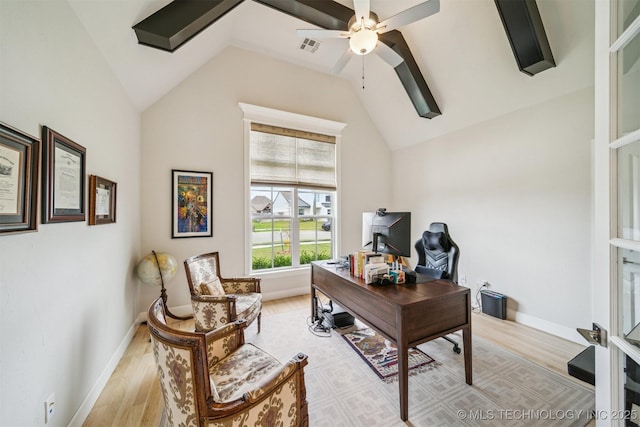 5918 E 127th Pl S, Tulsa, OK 74008 - office area with ceiling fan, vaulted ceiling, light wood finished floors, and baseboards