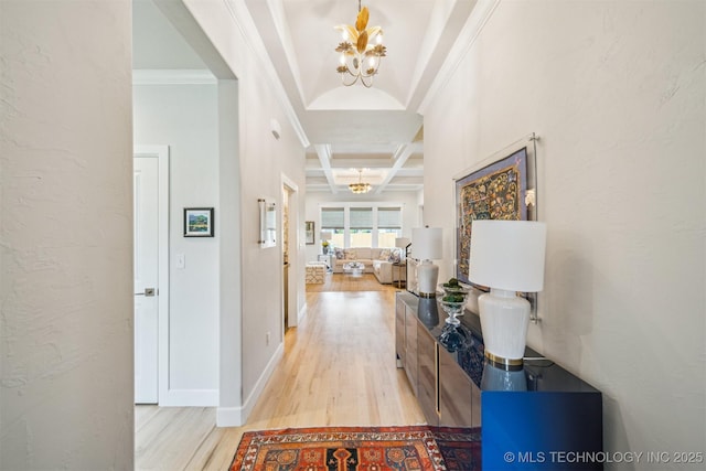 5918 E 127th Pl S, Tulsa, OK 74008 - hall featuring a chandelier, light wood-style floors, coffered ceiling, ornamental molding, and beam ceiling
