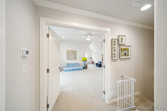 5918 E 127th Pl S, Tulsa, OK 74008 - hall featuring an upstairs landing, light colored carpet, crown molding, and baseboards