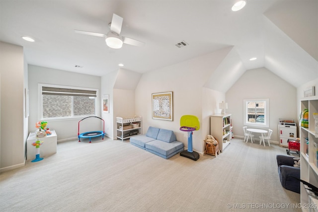 5918 E 127th Pl S, Tulsa, OK 74008 - recreation room with recessed lighting, carpet flooring, lofted ceiling, baseboards, and ceiling fan