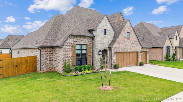 5918 E 127th Pl S, Tulsa, OK 74008 - french country home with concrete driveway, brick siding, stone siding, roof with shingles, and an attached garage