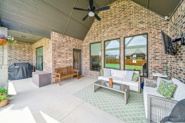 5918 E 127th Pl S, Tulsa, OK 74008 - view of patio / terrace featuring an outdoor hangout area, a grill, and a ceiling fan